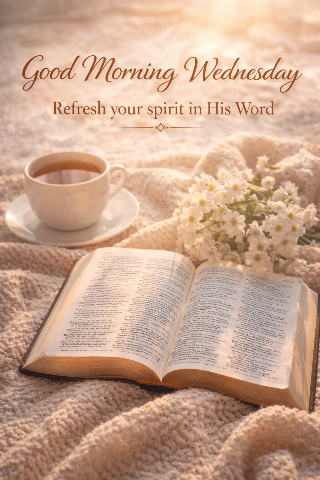 Open Bible with cup of tea and white flowers on cozy blanket, soft morning light, "Good Morning Wednesday — Refresh your spirit in His Word" in warm brown — WhatsApp